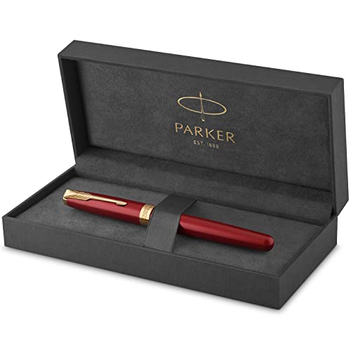 Parker Sonnet Penna Roller, Laccatura Di Colore Rosso Con Finiture In Oro, Pennino Sottile, Confezione Regalo