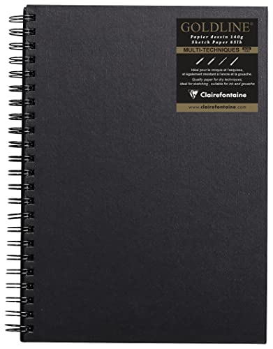 Clairefontaine 34254C Taccuino A Spirale Goldline - 64 Fogli Carta Da Disegno Bianco - A4 21X29,7 Cm 140G - Formato Ritratto - Copertina Rigida Nera I