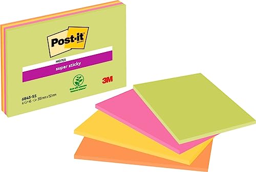 Post-It Foglietti Super Sticky Per Riunioni, Confezione Da 4 Blocchetti, 45 Fogli Per Blocco, 203 Mm X 152 Mm, Colori Verde, Rosa, Giallo, Arancio, Fo