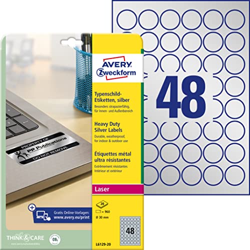 Avery Zweckform L6129-20 - Etichette Impermeabili, Diametro: 30 Mm, 20 Fogli Per 960 Pezzi In Totale, Colore: Argento