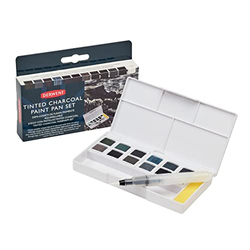 Derwent Tinted Charcoal Set Di 12 Colori A Carboncino Acquarellabili E Sfumabili, Include 1 X Astuccio Portatile, 5 X Tavolozze, 1 X Mini Waterbrush E