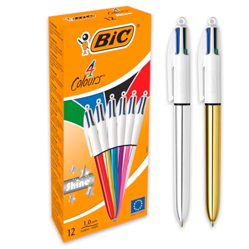Bic 4 Colori Shine, Penne Multicolore, Set 12 Penne A Sfera A Scatto Con Fusti Dai Colori Metallici, Cancelleria Scuola E Ufficio