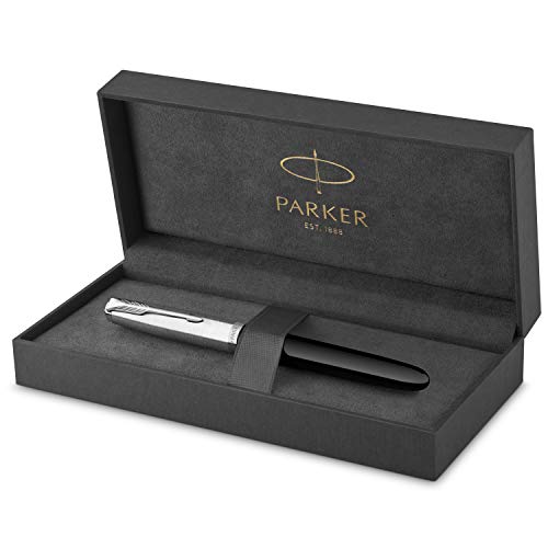 Parker 51 Penna Stilografica, Corpo Nero Con Finiture Cromate, Pennino Sottile Con Cartuccia Di Inchiostro Nero, Confezione Regalo