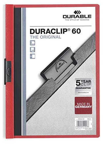 Durable 220903 Duraclip 60, Cartellina Con Clip Per Archiviare Documenti, Capacità 1 - 60 Fogli, Formato A4, Confezione Da 25 Pezzi, Rosso