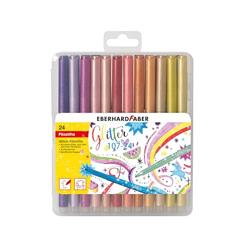 Eberhard Faber 551024 - Pennarelli Glitterati In 24 Colori Brillanti, Spessore Mina 3 Mm, Lavabili, In Confezione Regalo Con Cerniera, Per Disegnare, 
