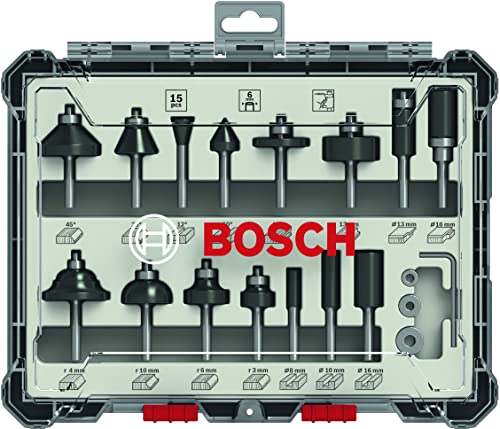 Bosch Accessories Set Frese Da 15 Pz. Miste (Per Legno, Accessorio Fresatrici Verticali Con Codolo Di 6 Mm)