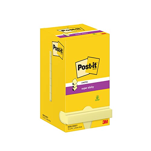 Post-It Foglietti Z-Notes Super Sticky Canary Yellow, Confezione Da 12 Blocchetti + 12 Gratis, 90 Fogli Per Blocco, 76 Mm X 76 Mm, Giallo Canary - Per