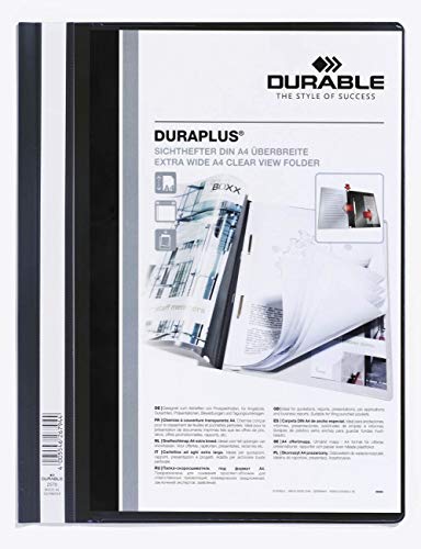 Durable 257901 - Cartellina Ad Aghi Duraplus, Formato A4+, Fronte Trasparente E Retro Colorato, Nero, Confezione Da 25 Pezzi