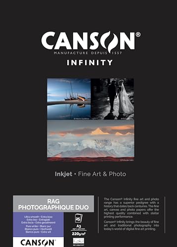 Canson Rag Photographique Duo Extra Liscia 220 Gr A3 Scatola 25 Fogli Bianco Puro