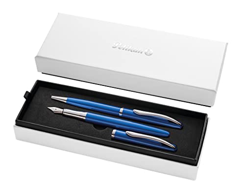 Pelikan, Set Penna Sfera E Stilografica Jazz Noble Elegance In Metallo Sapphire, Inchiostro Blu, Con Clip Elastica, In Elegante Astuccio Regalo.