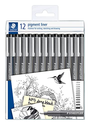 Staedtler 308-9 Tb12 Pigment Liner Penne – Tratto Assortito, Nero (Set Da 12)