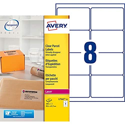 Avery Italia L7565-25 Etichette Adesive Trasparenti Lucide, 25 Fogli A4, Rettangolari 99,1X67,7Mm, 8 Etichette Per Foglio, Adesivo Permanente, Stampan