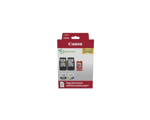 Canon Cartucce D'Inchiostro Originali Pg-510 / Cl-511, Confezione Da 2 (1 Nera, 1 Colorata), Include 50 Fogli Di Carta Fotografica 4X6 - Confezione Mu