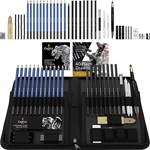 Castle Art Supplies Set 40 Pezzi Per Disegno E Bozzetto Dotato Di Guida | Per Artisti (Principianti O Professionisti) | Matite, Carboncini, Grafiti E