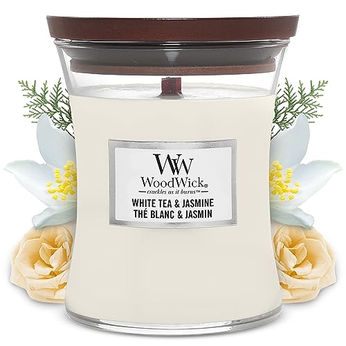 Woodwick Candela Profumata Hourglass Media Con Stoppino Crepitante | Tè Bianco E Gelsomino (White Tea & Jasmine) | Durata Della Fragranza: Fino A 60 O