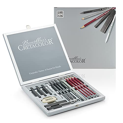 Cretacolor Artist Set Silver Box 17 Pezzi In Esclusiva Cassetta Di Legno, Set Di Alta Qualità, Vari Materiali Da Disegno, Incl. Eraser