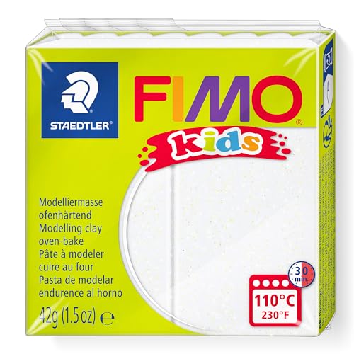Staedtler Fimo Kids, Pasta Modellabile Termoindurente, Per Bambini, Panetto Da 42 Grammi Di Colore Bianco Glitter, 8030-052
