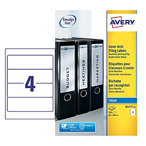 Avery Filing Labels Inkjet Lever Arch 4 Per Sheet 200X60Mm Ref J8171-25 [100 Labels]