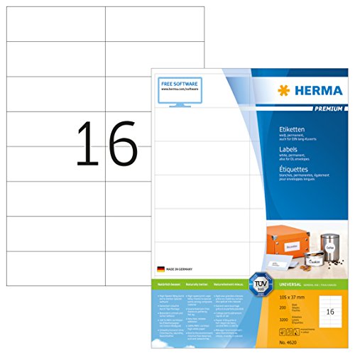 Herma Etichette Universali, 105 X 37 Mm, Etichette Adesive A4 Per Stampante, 16 Etichette Per Foglio, Bianco