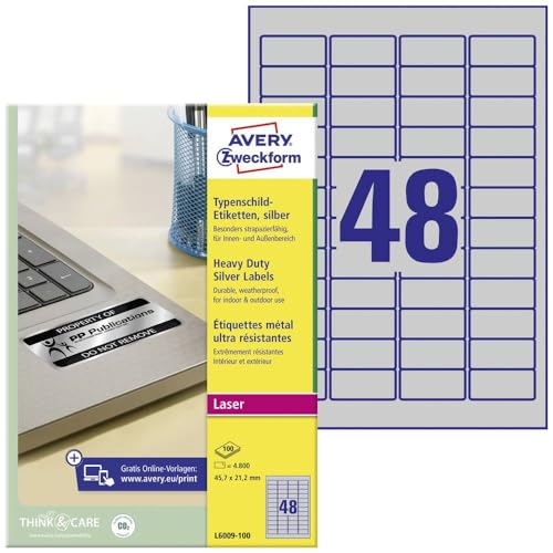 Avery Italia L6009-100 Etichette Ultra Resistenti Poliestere, 100 Ff, 45.7 X 21.2 Mm, Argento