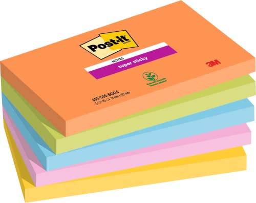 Post-It Foglietti Super Sticky, Collezione Boost, Confezione Da 5 Blocchetti, 90 Fogli/Blocco, 76 Mm X 127 Mm, Colori Arancione, Verde, Rosa, Giallo,
