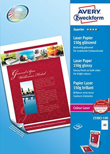 Avery 25983-100 Carta Fotografica Extra Glossy A3, 150G, Stampanti Laser, 100 Fogli, 420 X 297, Bianco