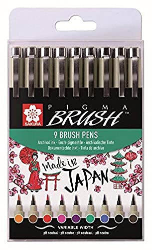 Sakura Poxsdkbr9 Pinselstift Pigma Brush, 9Er Etui, Farbig Sortiert, 9 Stück (1Er Pack)