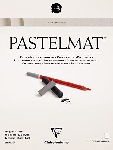 Clairefontaine 96029C Blocco Collato Pastelmat N°3 - 12 Fogli Di Carta Speciale Per Pastelli Secchi - 30X40 Cm 360G - Bianca - Divisori In Carta Crist
