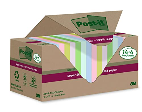 Post-It Foglietti Super Sticky Riciclati,14 Blocchetti + 4 Gratis/Confezione,70 Fogli Per Blocchetto, 76 Mm X 76 Mm,Rosa, Verde, Blu, Viola, Giallo Fo
