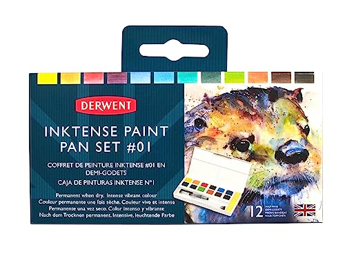 Derwent Inktense Palette #1, Set D 12 Tempere Solubili In Acqua, Adatte A Pittura E Bricolage Su Carta E Tessuto, Include 1 Spugna, 1 Mini Waterbrush