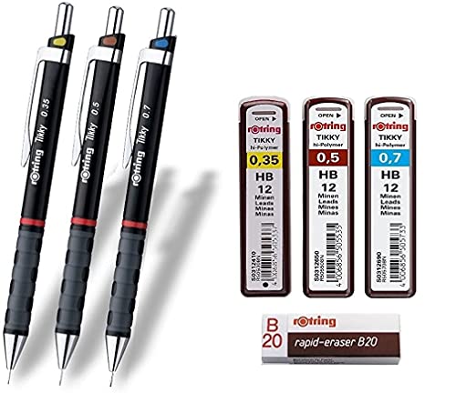 Rotring Tikky Set Con Colour Code 0,35/0,5/0,7 Mm (Incluso 3 Dosi Ersatzminen Hb + Gomma Da Cancellare B20)