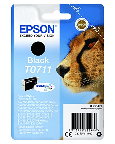 Epson T0711 Ghepardo Durabrite Ultra Ink Cartdridge C13T07114022 - Inchiosto Cartuccia Nero (1 X 7,4 Ml Black) Confezione Singola, Dimensioni Standard