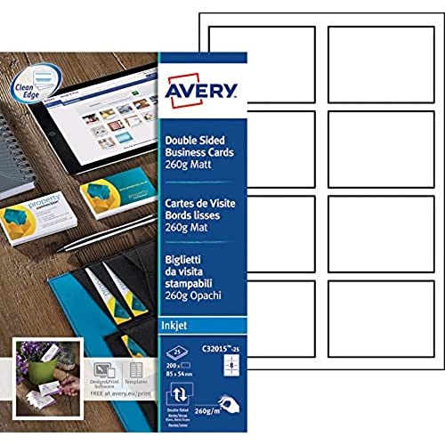 Avery Italia C32015-25 Biglietto Da Visita, Stampabile Fronte/Retro, 8 Biglietti Per Foglio, Confezione Da 25 Pezzi, Bianco