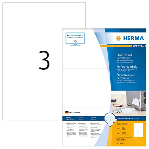 Herma Etichette Per Marcatura, 210 X 99 Mm, Etichette Adesive A4 Per Stampante, 3 Etichette Per Foglio, Bianco
