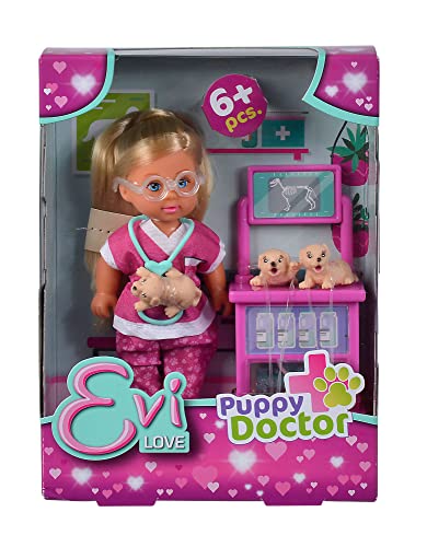 Simba 105733647 Evi Love Puppy Doctor, Bambola Veterinaria Con Occhiali, Tre Cuccioli Di Cane E Un Tavolo Di Trattamento, Accessori, 12 Cm, Dai 3 Anni