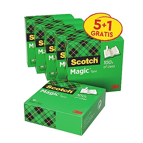 Scotch Magic Tape Nastro Adesivo Trasparente, 6 Rotoli 19Mm X 33 M, Nastro Trasparente Opaco E Scrivibile Ottimo Per Casa, Ufficio E Scuola