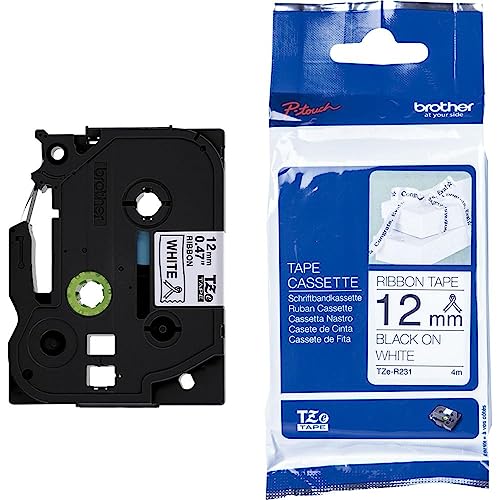 Brother Tzer231 Nastro In Tessuto, 12 Mm, Nero/Bianco