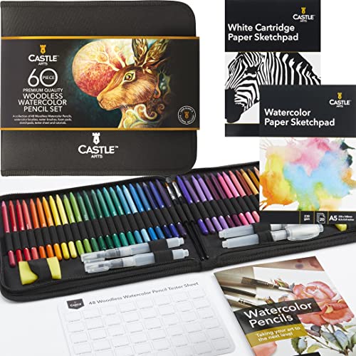 Castle Art Supplies Set 60 Matite Acquerellabili Senza Rivestimento In Legno | 48 Solide Matite Pigmentate | Per Artisti Principianti E Coloristi Adul