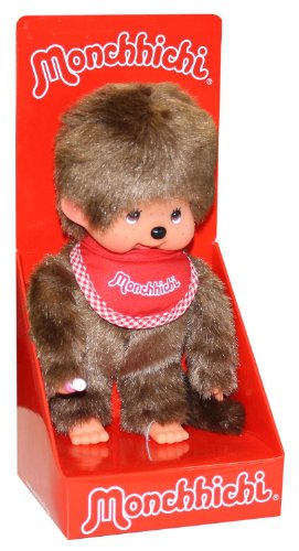 Sekiguchi 255010-Originale Ragazzo Monchhichi, In Peluche Marrone, Con Bavaglino Rosso, Circa 20 Cm, Colore Brown, 255010
