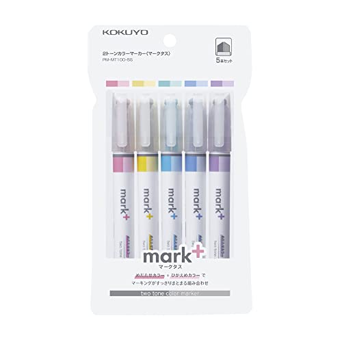 Kokuyo Mark+ - Evidenziatore A Due Colori Di Tonalità Simili, Confezione Da 5 (Rosa, Blu, Verde, Viola E Giallo) Pm-Mt100-5S