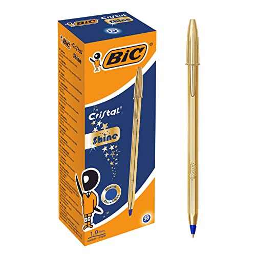 Bic Cristal Shine Gold Penne A Sfera Punta Media (1.00 Mm), Inchiostro Blu, Confezione Da 20 Penne Con Fusto, Color Oro