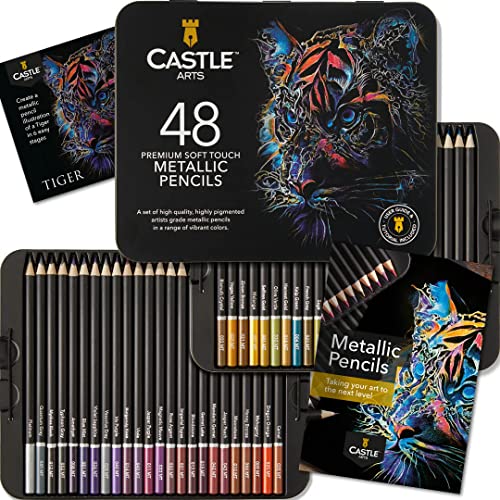 Castle Art Supplies Set Di Matite Metalliche | 48 Tonalità Scintillanti Dall’Anima In Cera Per Artisti Adulti, Professionisti E Coloristi | Protetto E