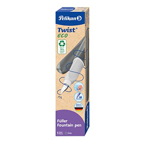 Pelikan Twist Eco Grey, Penna Stilografica Ergonomica, Per Destrimani E Mancini, Per Scuola E Ufficio, Pennino M Acciaio Inossidabile, Cartuccia Blu L