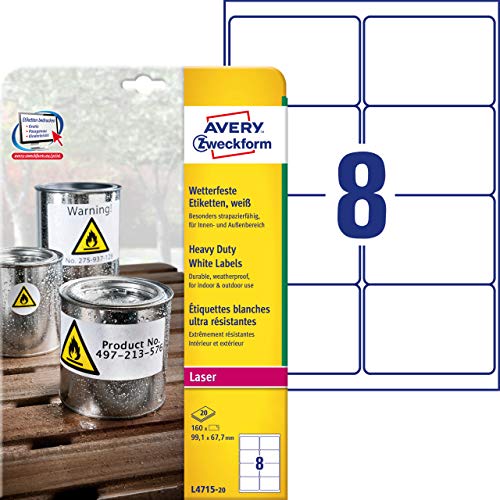 Avery Zweckform L4715-20 - Etichette Impermeabili, 99,1 X 67,7 Mm, 20 Fogli Per Un Totale Di 160 Targhette, Colore: Bianco