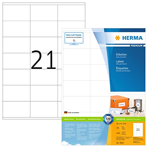 Herma Etichette Universali, 70 X 41 Mm, Etichette Adesive A4 Per Stampante, 21 Etichette Per Foglio, Bianco