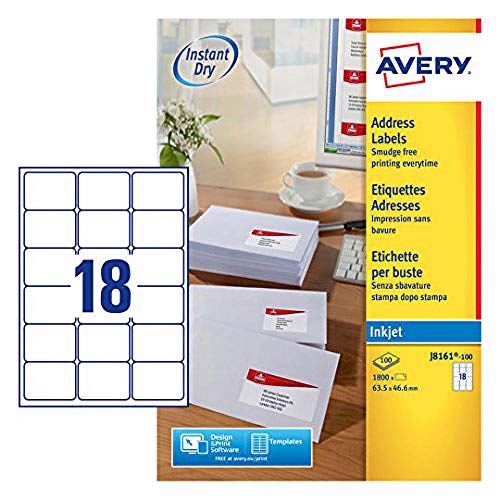 Avery Quick Dry Addressing Labels Inkjet 18 Per Sheet 63.5X46.6Mm White Ref J8161-100 [1800 Labels]