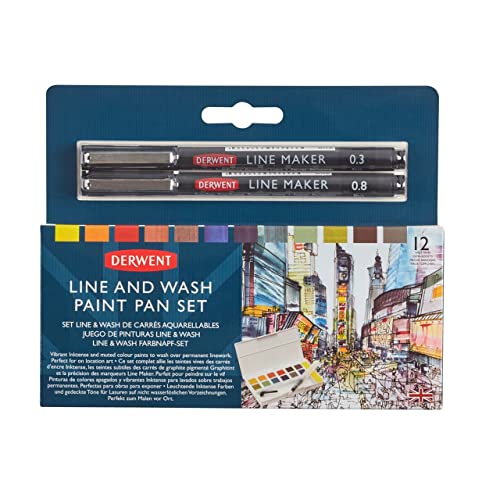 Derwent Set Di Colori Line And Wash Paint 1 X Vaschetta Da 12 Colori Pastello Assortiti, 2 X Penne Da Disegno "Line Maker", 5 X Tavolozze Di Miscelazi