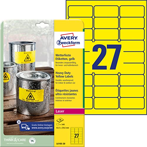 Avery-Zweckform Etichette In Poliestere Giallo 63.5 X 29.6 Mm Stampanti Laser, Laser A Colori, 27 Etichette Per Foglio, 20 Fogli Per Confezione