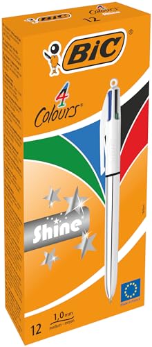 Bic 4Colori Shine, Penne A Sfera A Scatto Multicolore, Punta Media 1Mm, Inchiostri Classici, Fusto Argento Metallizzato, 12 Unità, Cancelleria Scuola