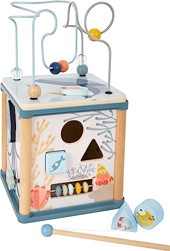 Small Foot Cubo Per Motori, Mondo Sottomarino, In Legno, Con Cinque Lati Giocabili, Per Bambini Dai 12 Mesi In Su, 11910, Colore Blu, 20 X 20 X 37 Cm,